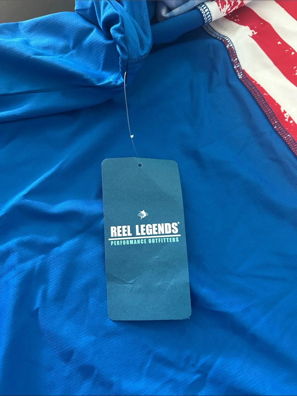 Reel Legends Men's Blue Ombre Camo Hooded Rash Guard with Red Accent
